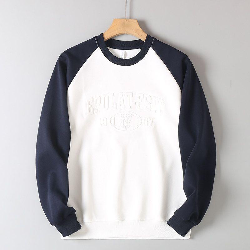 Men's Export Surplus Color-Blocked Raglan Sleeve Crewneck Pullover Sweatshirt with 3D Embossed Design for Spring and Autumn Casual Sports Wear