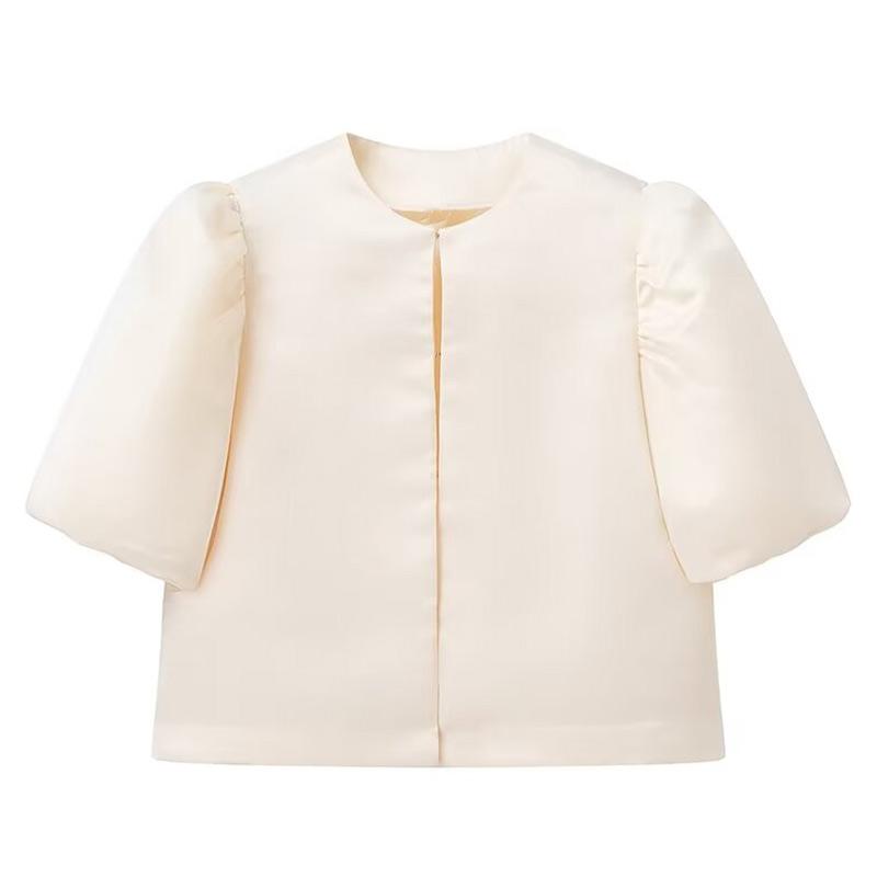 Women's Blouse Top with Puffe Sleeve Solid Satin Shirt New Spring Summer Female Sleeves O Neck Loose Short Shirt Female Blouses