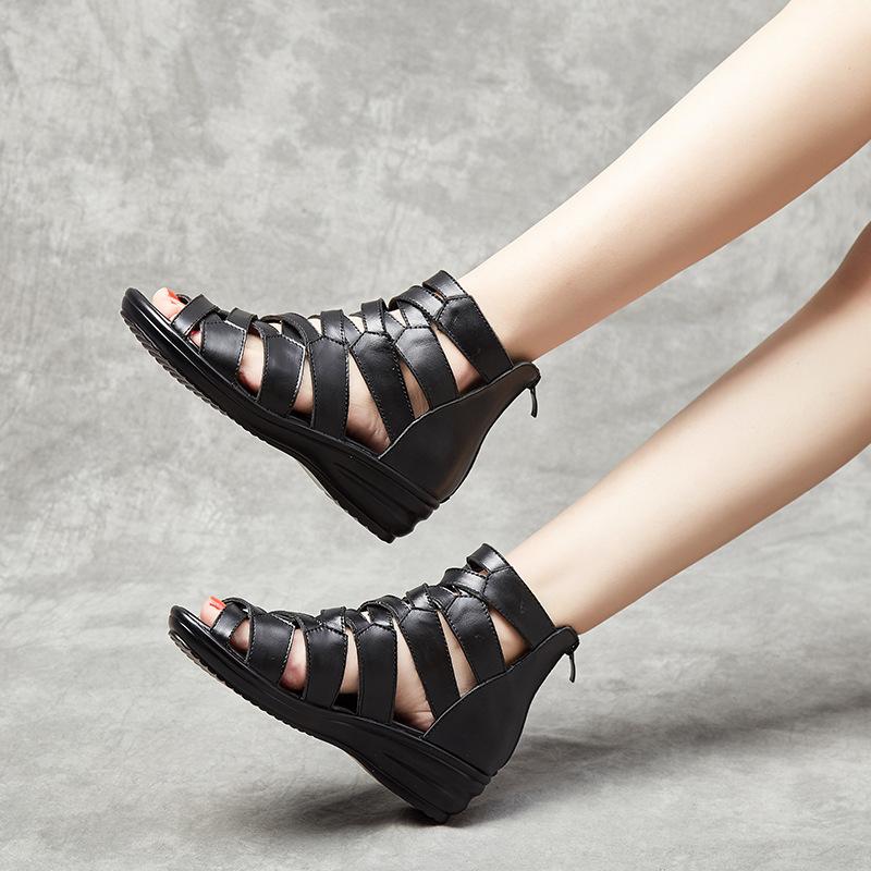 Сандалии-гладиаторы Босоножки на танкетке Женские летние кожаные босоножки на среднем каблуке Мягкая подошва Удобные мягкие женские босоножки Туфли с застежкой-молнией сзади