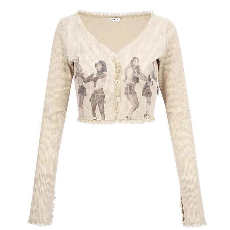 2KWEIRD Y2k Clothes Retro Campus Style Print Slim Long-Sleeved Summer Design Lace Short Cardigan Top Grunge Clothes Ropa Mujer