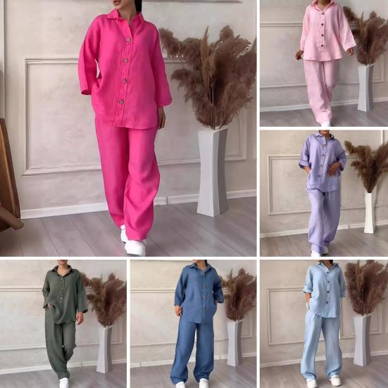 Женская блузка и брюки, комплект из 2 шт./компл., топ с лацканами и длинными рукавами больших размеров, свободные брюки с тонкой эластичной резинкой на талии, повседневная домашняя одежда, наряд на каждый день