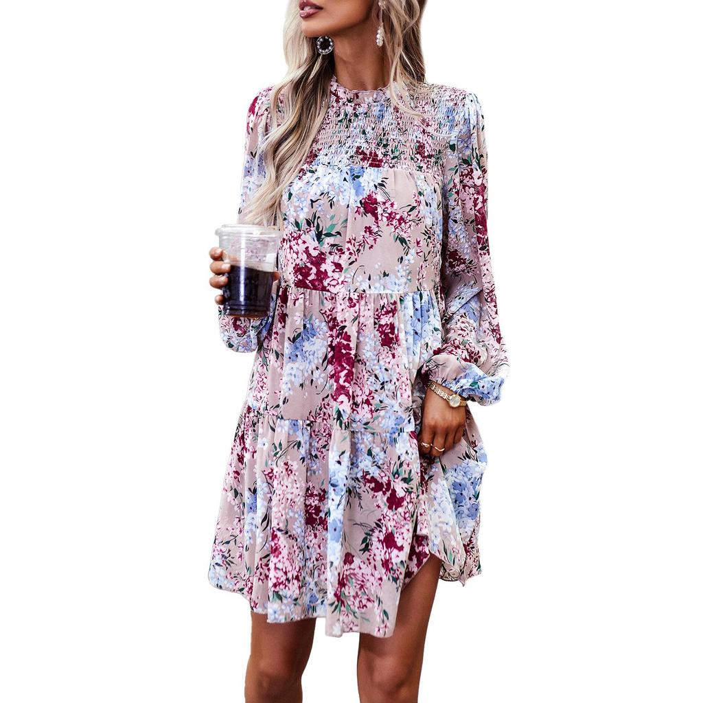 Women's O Neck Long Sleeve Loose All Match Casual Printed Floral Short Dress