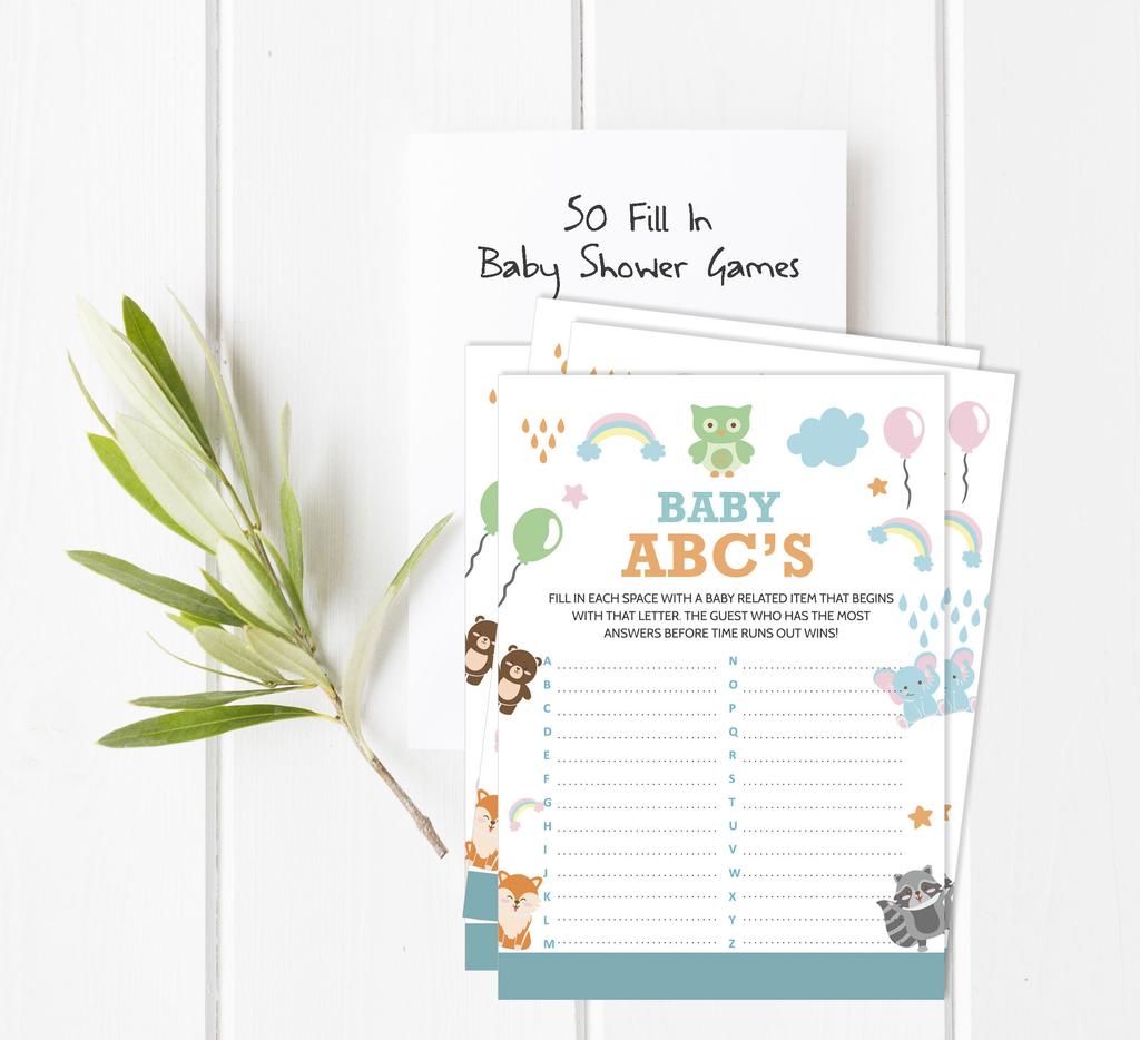 Inkdotpot Jungle Animals Baby Shower Game Set Of 50 BabyA AlphabetA ABCA Game Ita s A Boy Ita s A Girl Party