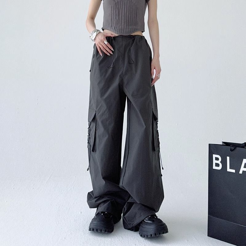 Женская одежда Y2K, брюки-карго, новинка 2024 года, летние повседневные свободные брюки цвета хаки, плиссированные прямые широкие брюки на шнурке