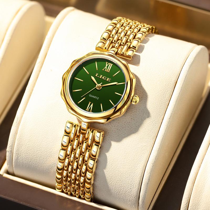 LIGE Fashion Quartz Women Watch Simple Elegant Square Dial Gold Stainless Steel Strap Waterproof Leisure Business Watches+Box