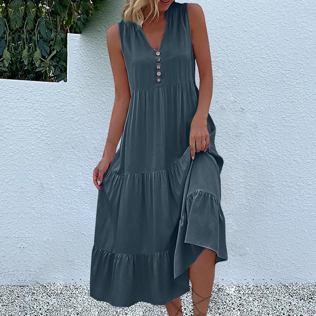 Women's Fashion Sleeveless Pleated Loose V-Neck Mid-Length Solid Colour Dresses
