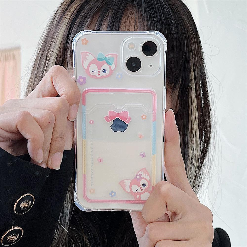 Pink Bear Cartoon XS Card Plug-in Phone Case for iPhone 11/12 Pro, 13, 14, XR