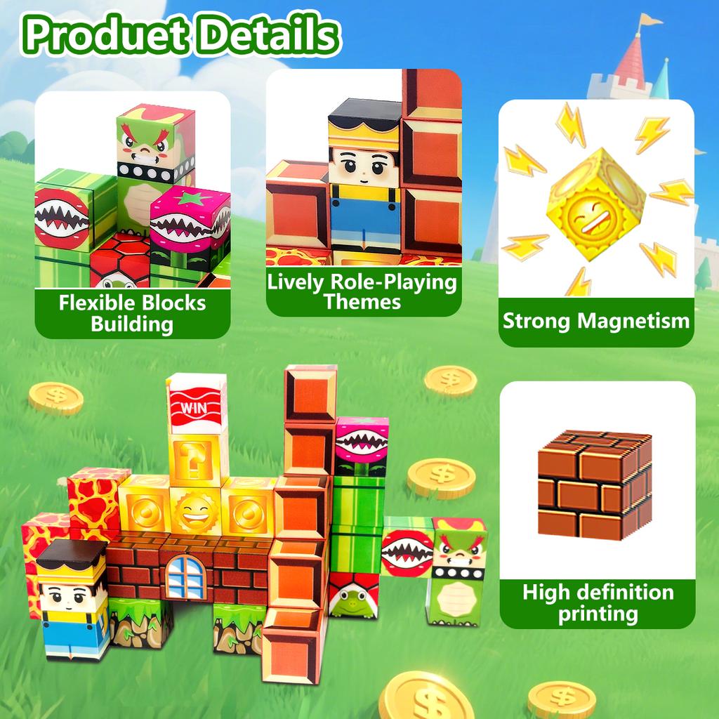 Magnetic Blocks Building Toys Set Toddler Kids Sensory Toys for Boys & Girls Magnetic Cubes Game with Storage Iron Box