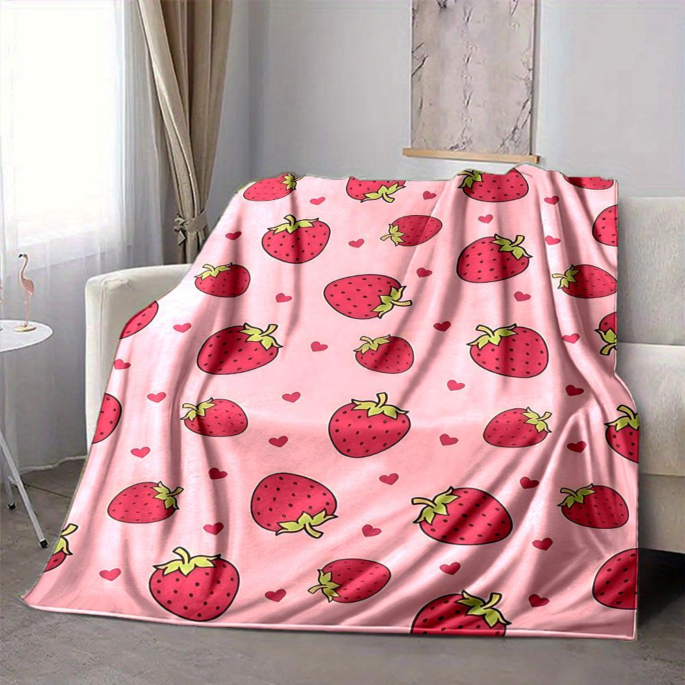 1pc Strawberry Heart Lightweight Flannel Blanket, Comfortable and Warm Blanket, for Office and Camping Sofa Bed037