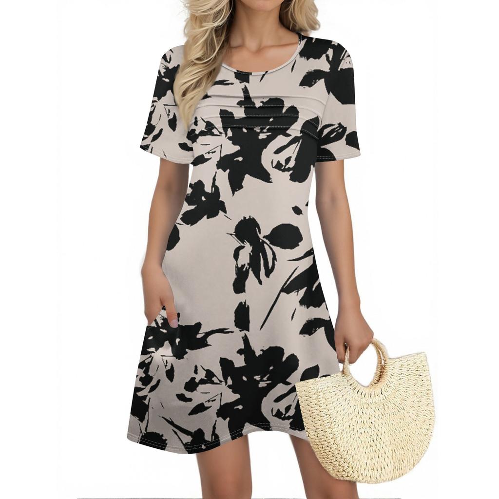 Женские летние платья Женские летние платья с цветочным принтом Повседневные платья с коротким рукавом и круглыми карманами