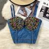 Summer Women Sexy Spaghetti Strap Club Denim Camisole Bra Luxury Beading Diamonds Punk Rivets Motorcycle Tops Vest