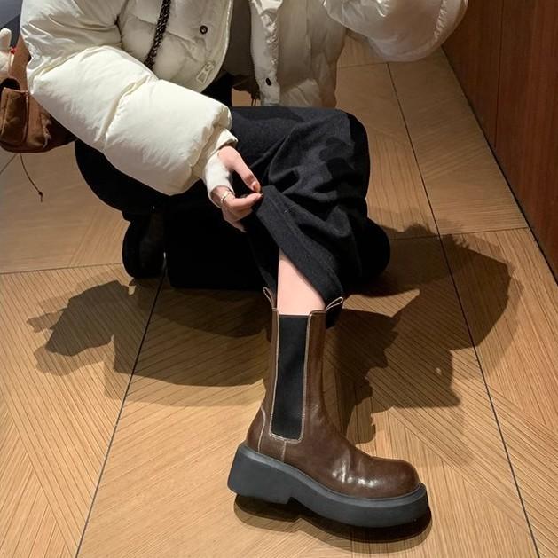 Найди второй волосок! Виноградная мать та же обувь сильная усадка лошадиная кожа эластичная лента толстая подошва толстый каблук короткие ботинки челси