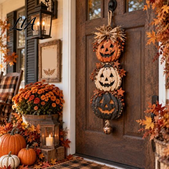 Halloween Hanging Ornaments Stacked Pumpkin Door Hanger, Vintage Jack?O?Lantern Wall Ornament, Maple Leaf Berry Ornament Rustic Fall Harvest Decor