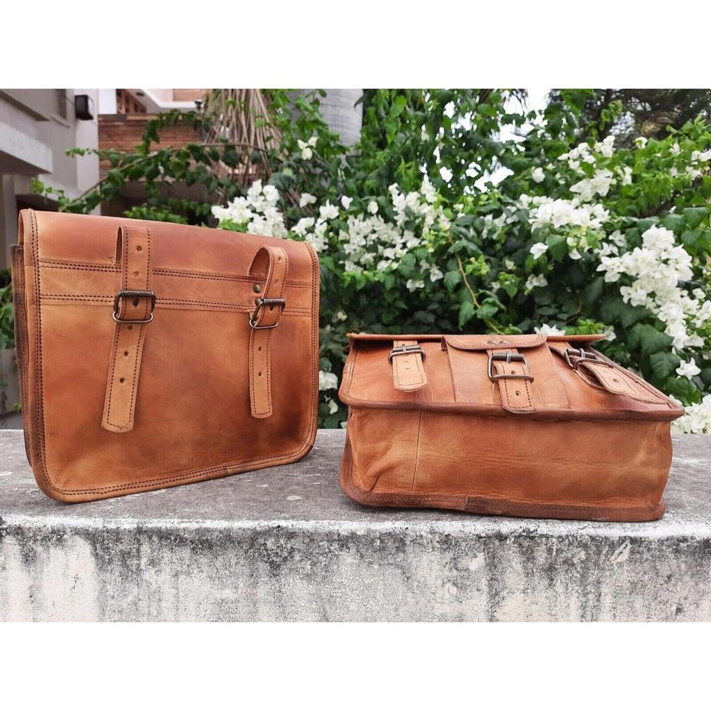 Leather Motorcycle Side Pouch 2 Panniers Saddle Genuine Vintage Bags Saddlebag