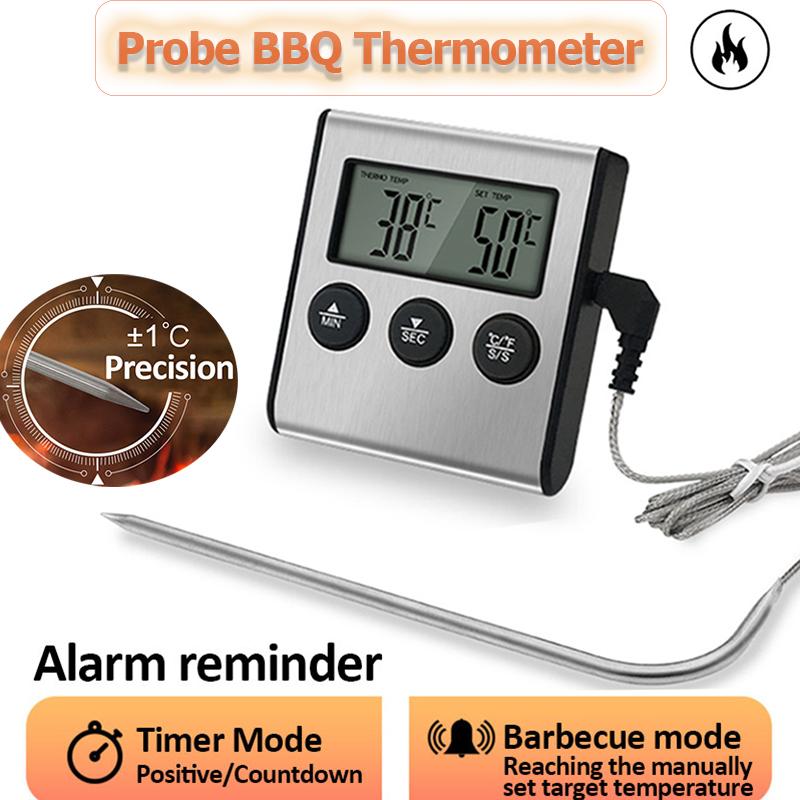 Digital Food Thermometer with Probe Stainless Steel Electronic BBQ Thermometer with Timer Kitchen Cooking Thermometer for Food