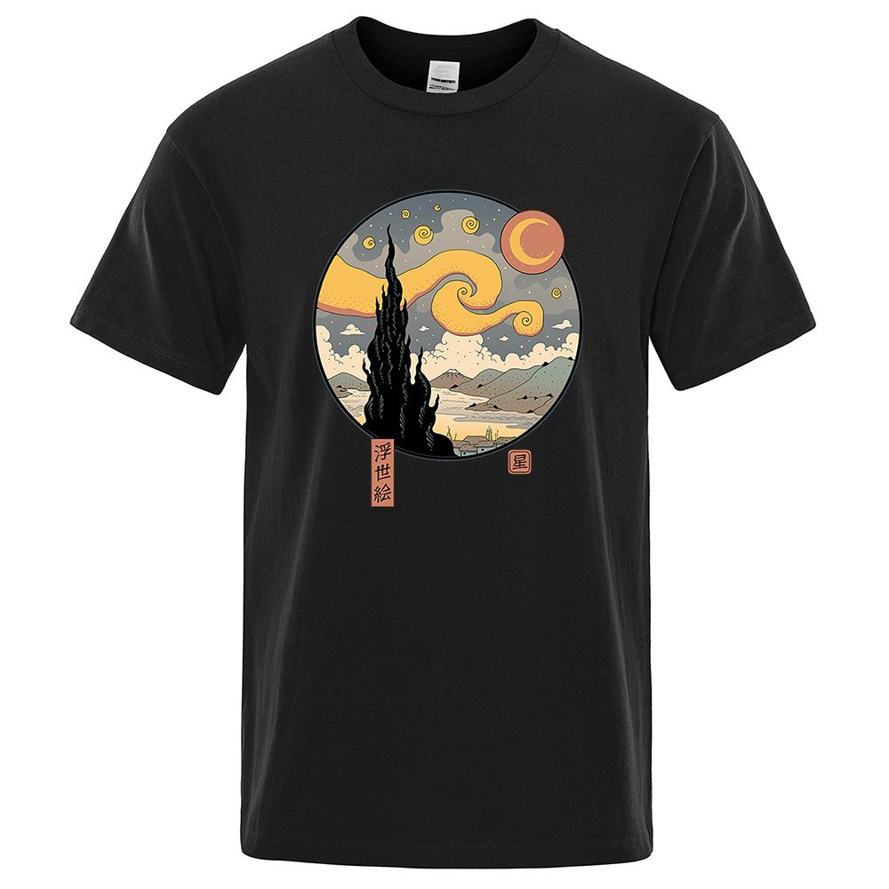 Футболки со смешным принтом Starry Ukiyo-E Night, мужские повседневные футболки Harajuku из хлопка, летние уличные топы с коротким рукавом