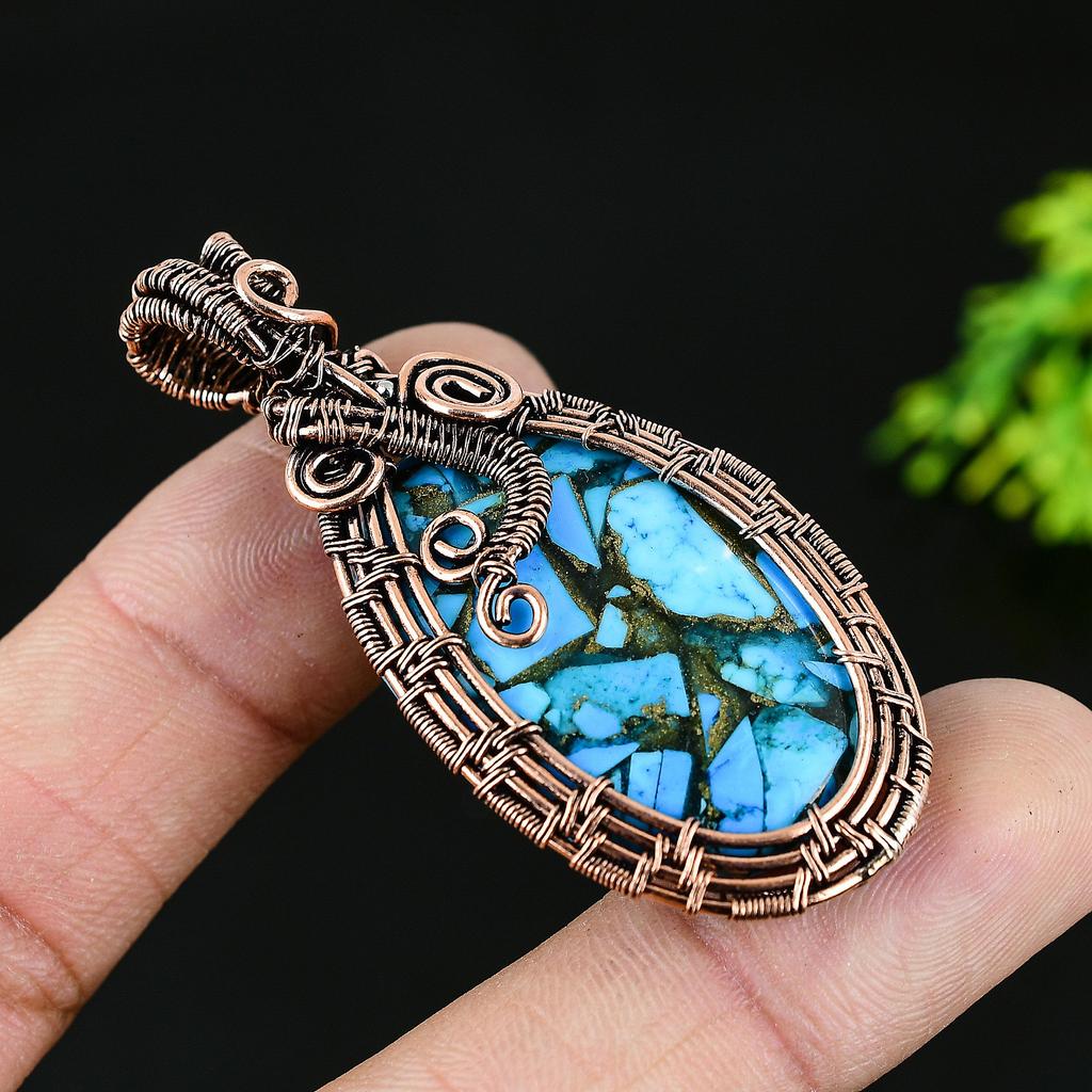 Natural Copper Blue Turquoise Gemstone Copper Wire Wrap Pendant 2.25 v1R54