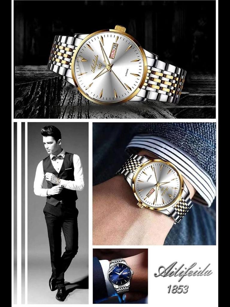 Aili Feida Men's Quartz Waterproof Watch with Hollow Back and Calendar Feature.