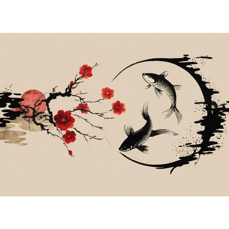 Китайский пейзаж Пара Птицы Лес Гора Река Кои Карп Рыба Искусство Плакат Печать Картина на холсте Настенная картина Декор для дома