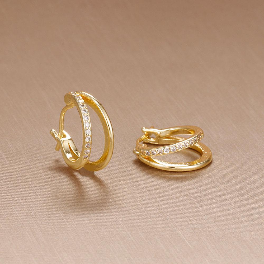 New Arrival Stainless Steel Double-layer Circle Huggies Earring Gold Color Aesthetic Zircon Ear Piercing Earring Fashion Jewelry