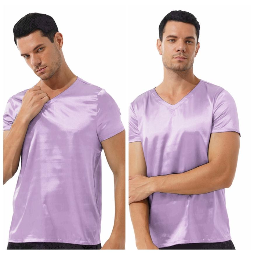 Мужская свободная пижама с коротким рукавом, атласная пижама, футболка, однотонная одежда для отдыха