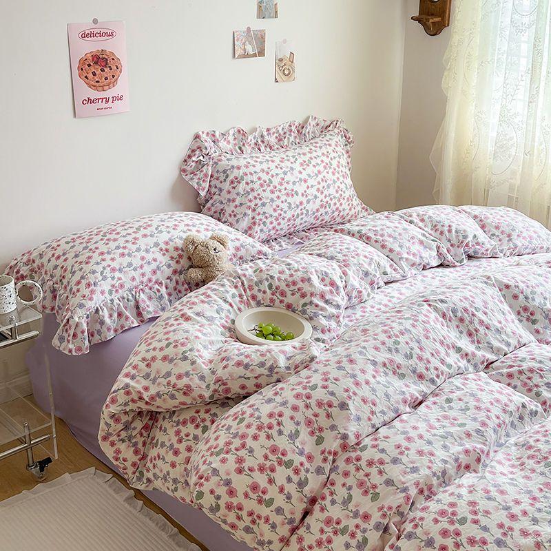 Комплект постельного белья Ins Girl с рисунком в виде вишневого сердца, двухслойный комплект из четырех предметов из розового яна, простая простыня из хлопка