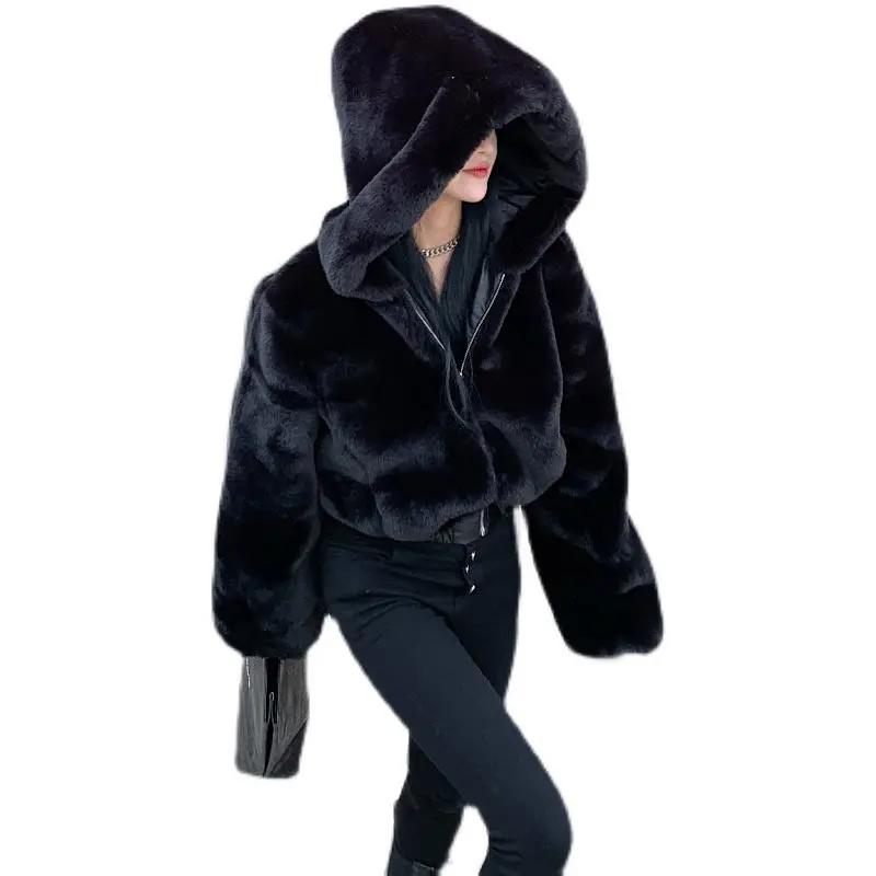 Winter Women's Faux Fur Coats and Jackets - Furry Cropped Fluffy Hooded Short Top Coat