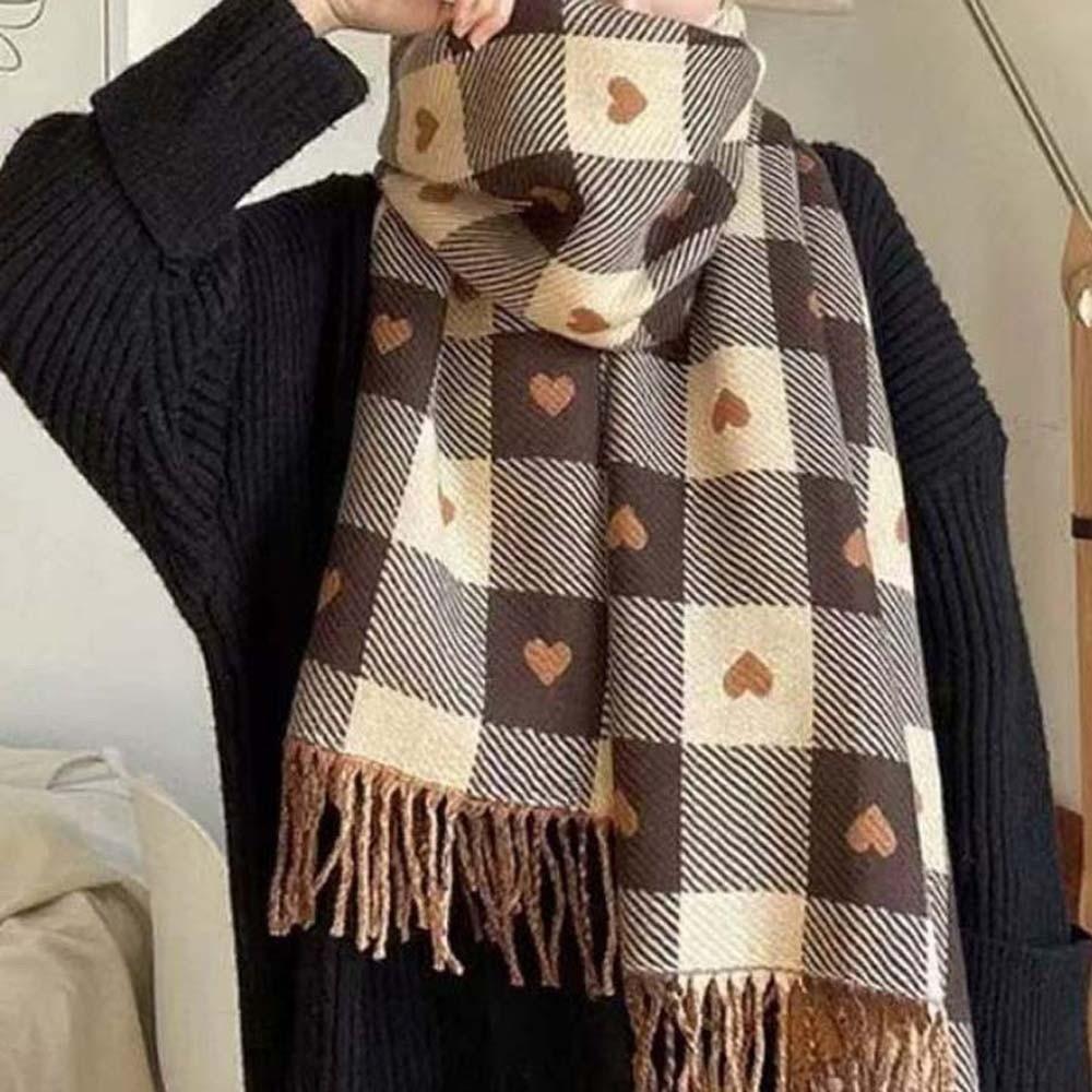 Long Heart Thickened Scarf Acrylic Fibers Tassel Shawl Large Plaid Knitted Scarf Autumn