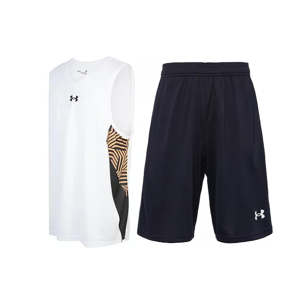 Under Armour Топ-майка с V-образным вырезом и принтом логотипа Вязаные спортивные шорты для тренировок Баскетбольный комплект Мужские комплекты Белый Черный 23500101-100-+-21500201-001