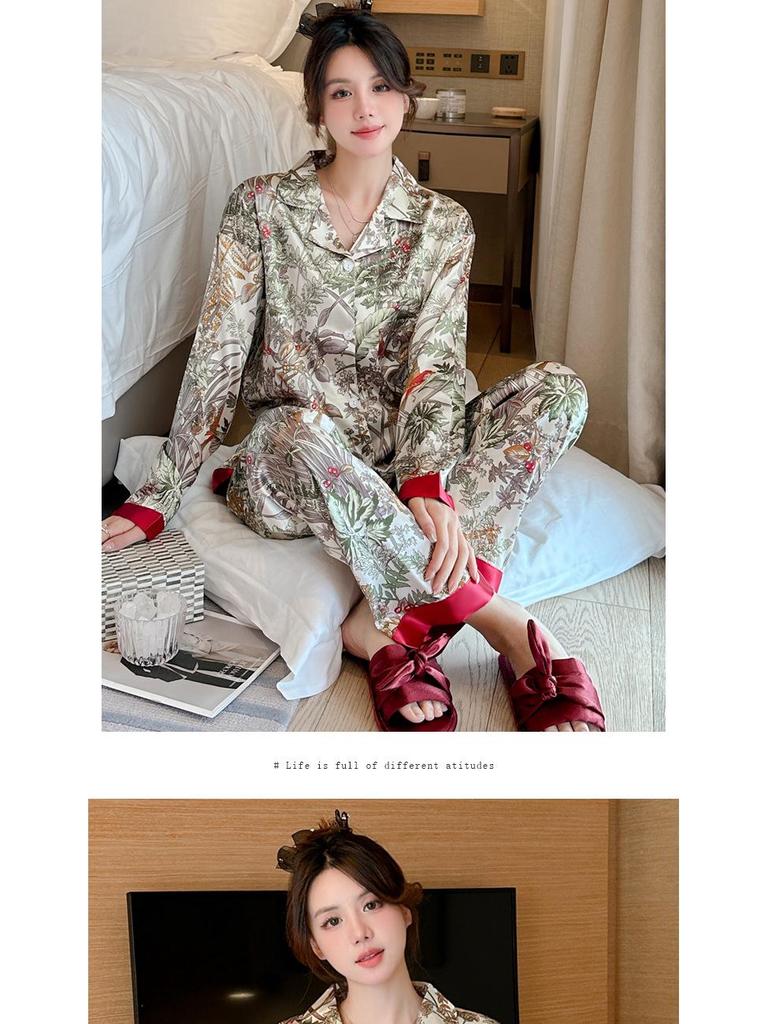 Ice Silk Women's Mori Style Long Sleeve & Pants Floral Pajama Set