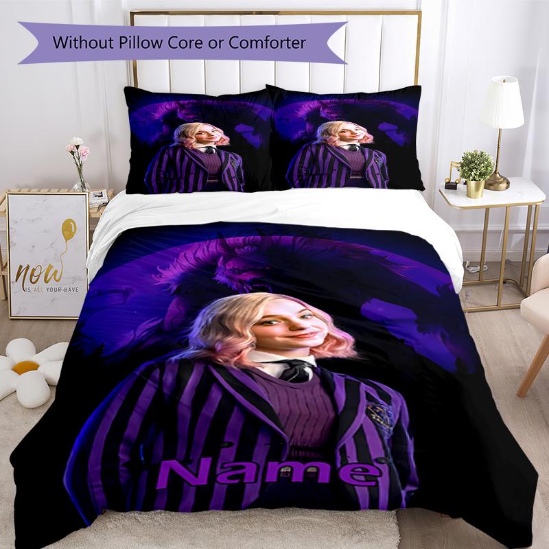 3pcs Custom Name Wednesday Bedding Set Duvet Cover Closure Includes 1 Duvet Cover & 2 Pillowcases, Soft and Comfortable for All Seasons.