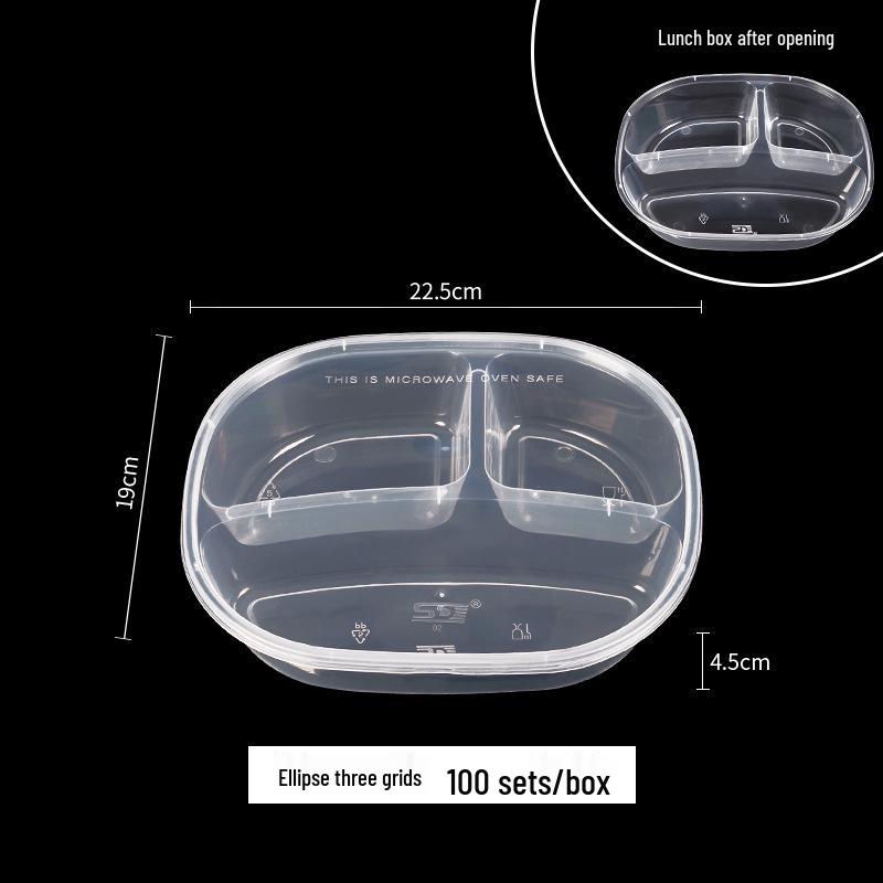 European & American Round Three-Compartment Disposable Lunch Box, Thickened Transparent Black Container for Takeaway Packaging