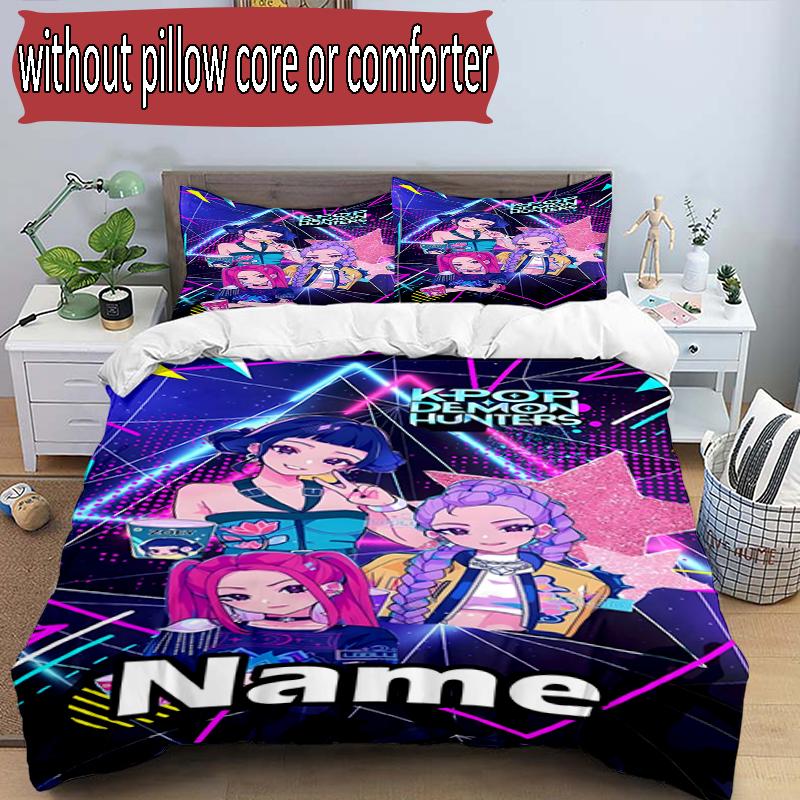 3pcs Duvet Cover Set (1*Duvet Cover + 2*Pillowcase, Without Core), Custom Name KPop Demon Hunters Pattern Bedding Set, Home Bedroom Decor Gift
