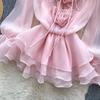Sweet Pink 3D Floral Beach Short Dress Female Long Sleeves Lace Up Ruffle Chiffon Cake Sundress Sheer Sexy Vintage Bohemian Dress