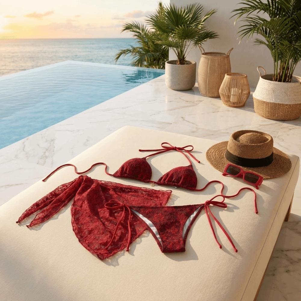 Cover Skirt Sexy Brazilian Bikini Set Mesh Swimsuits Beach Lace Bikinis Pool