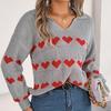 Autumn Winter Vintage Loose Long Sleeve Top Heart Print Cardigan Knitwear V-Neck Sweater
