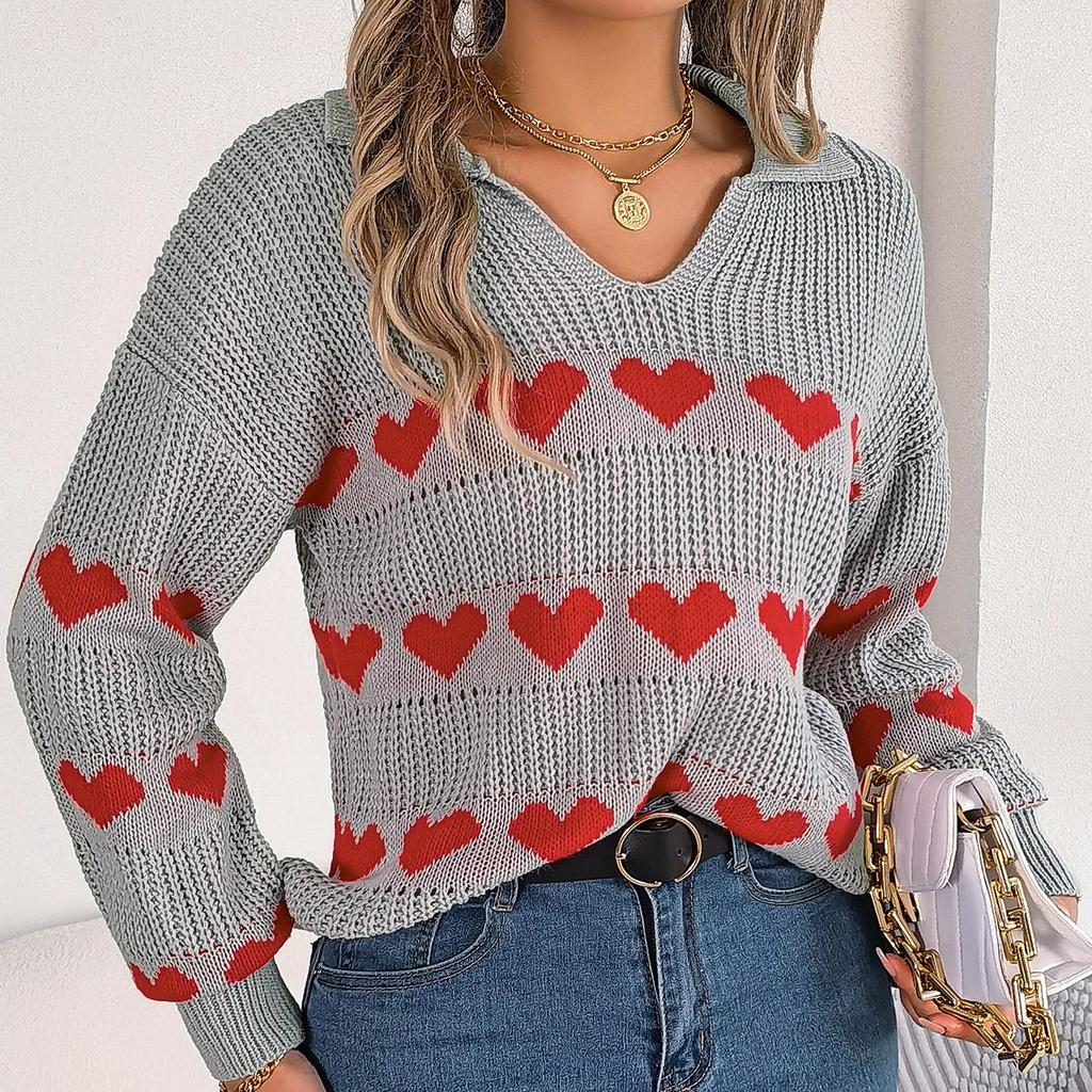 Autumn Winter Vintage Loose Long Sleeve Top Heart Print Cardigan Knitwear V-Neck Sweater