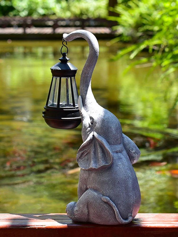 Садовая статуя слона из смолы на солнечной батарее, декоративный ландшафтный декор для двора, экологичное уличное произведение искусства