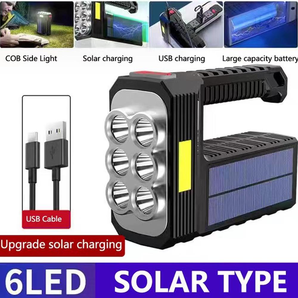 8LED and 6LED Bulbs Solar Charging Handheld Flashlight USB Charge Portable Lamp 4 Bright Lighting Modes Outdoor Searchlight