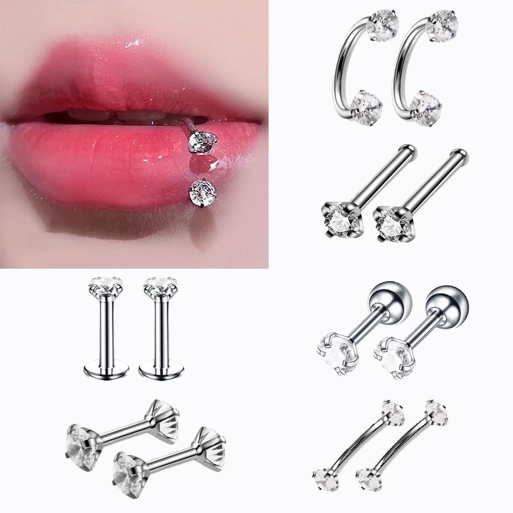 12-Piece Stainless Steel Zircon Lip Studs & Nose Rings Set - Colorful Piercing Jewelry