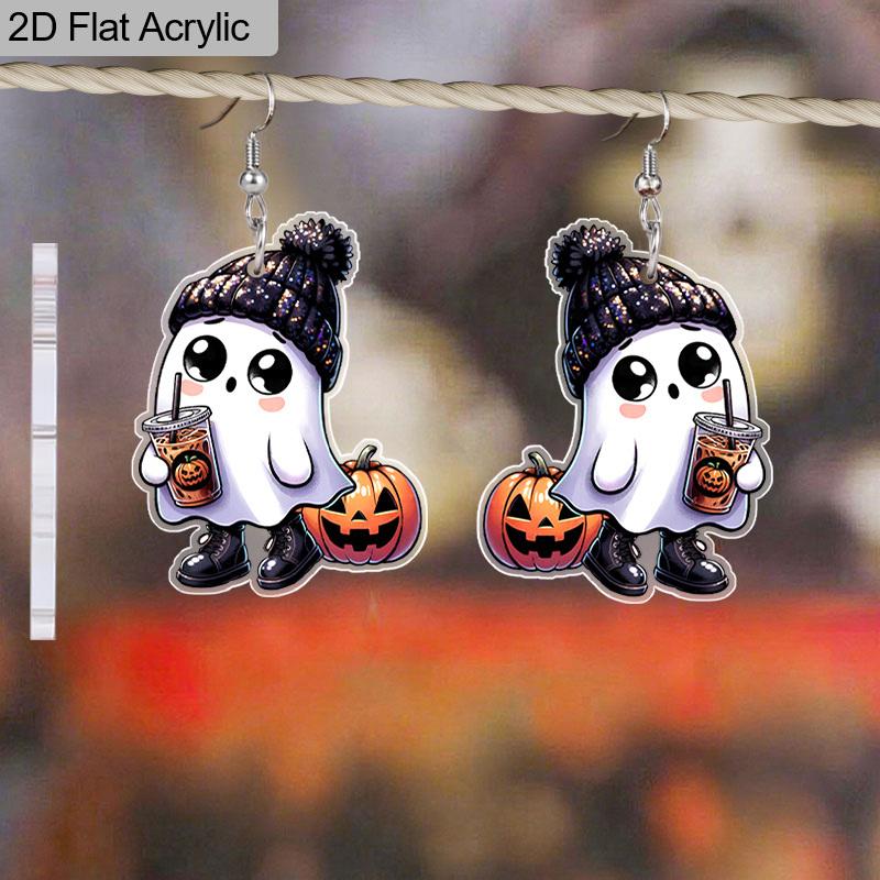 2D Flat Halloween Acrylic Earrings Decoration Ghost Pumpkin Drink Pattern Pendant Jewelry Ladies Holiday Gift