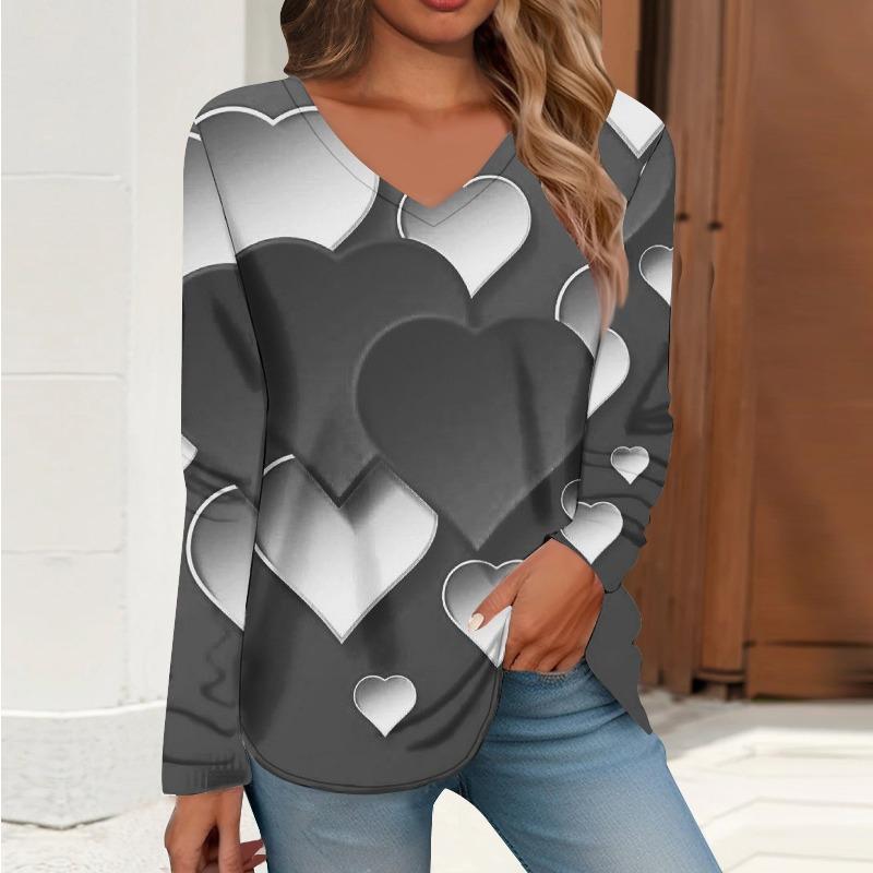 Весна Осень V-образный вырез с цифровым принтом повседневная свободная женская футболка с длинными рукавами пуловеры и длинные рукава (Женский)