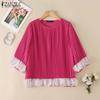 Women Casual Round Neck 3/4 Sleeve Loose Pleated Blouse