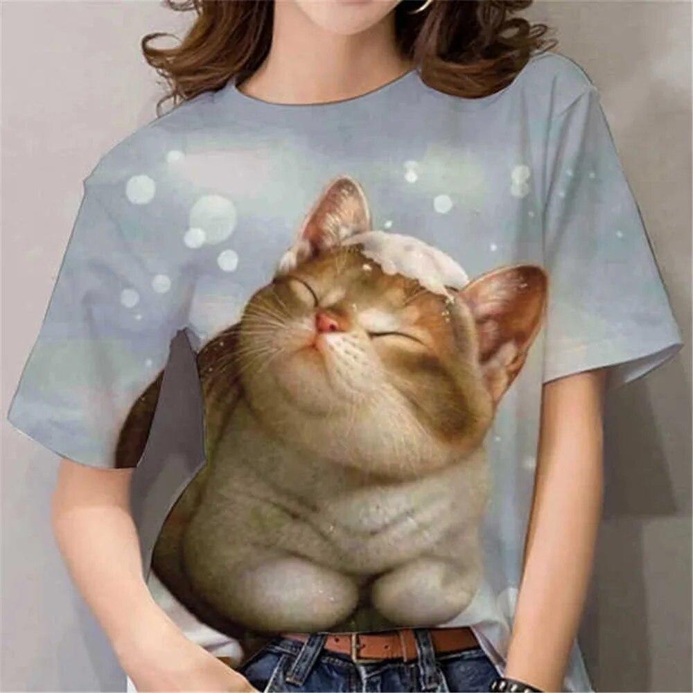 Модная женская футболка с 3D принтом мультфильма аниме кота и круглым вырезом, белая женская одежда с короткими рукавами, летние топы для отдыха, пуловер