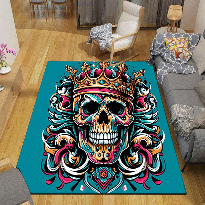 1pc Skull with crown Design Indoor Area Rug - Soft, Anti-Slip, and Durable Gaming Room Decor for Bedroom