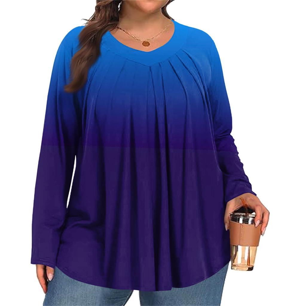 Women's Plus Size Fashion  Printed Casual Pleated Round Neck Long Sleeve Top