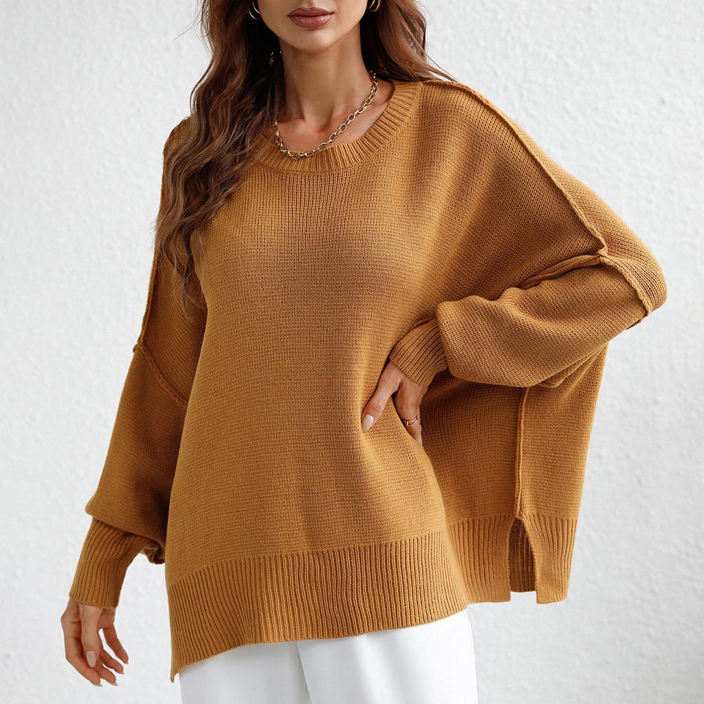 Женский осенне-зимний однотонный вязаный свитер с круглым вырезом и длинными рукавами, пуловер, свитер