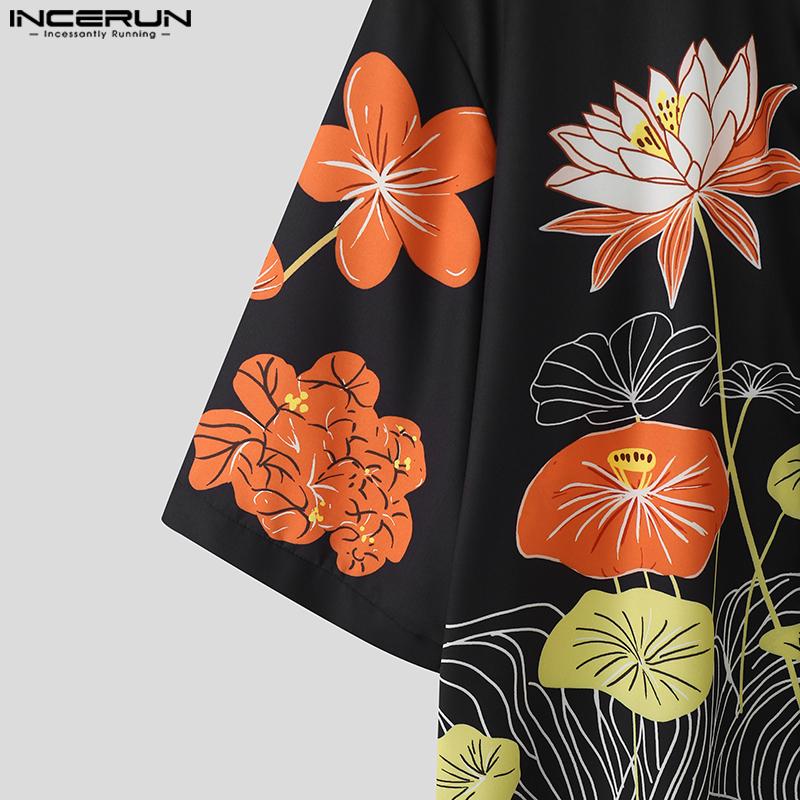 INCERUN Мужские повседневные рубашки оверсайз свободного кроя с лацканами и коротким рукавом с цветочным принтом