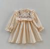 Girls Autumn Embroidered Floral Dress Stand Collar Long Sleeve Ruffle Hem Princess Party Dress For Kids