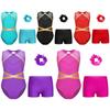 Kids Girls Gymnastics Outfit Keyhole Back Patchwork Sleeveless Glittery Rhinestones Leotard with V-front Waistband Shorts Hair Tie Headwear